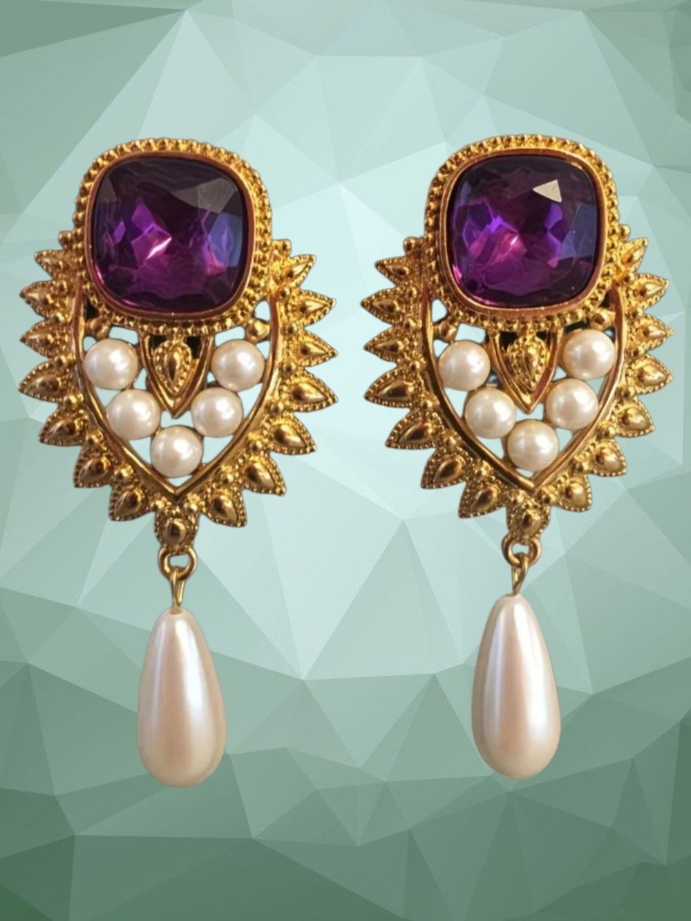 Vintage Inspired Gold & Purple Fuax Gem Pearl Drop Earrings